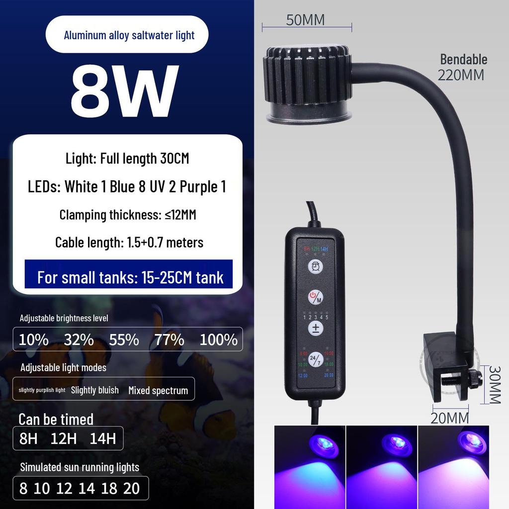 LED Marine Aquarium Light with Dimming and Timer for Saltwater Tanks, Clownfish & Coral, Blue/White Clip-on with Enhanced Blue Light