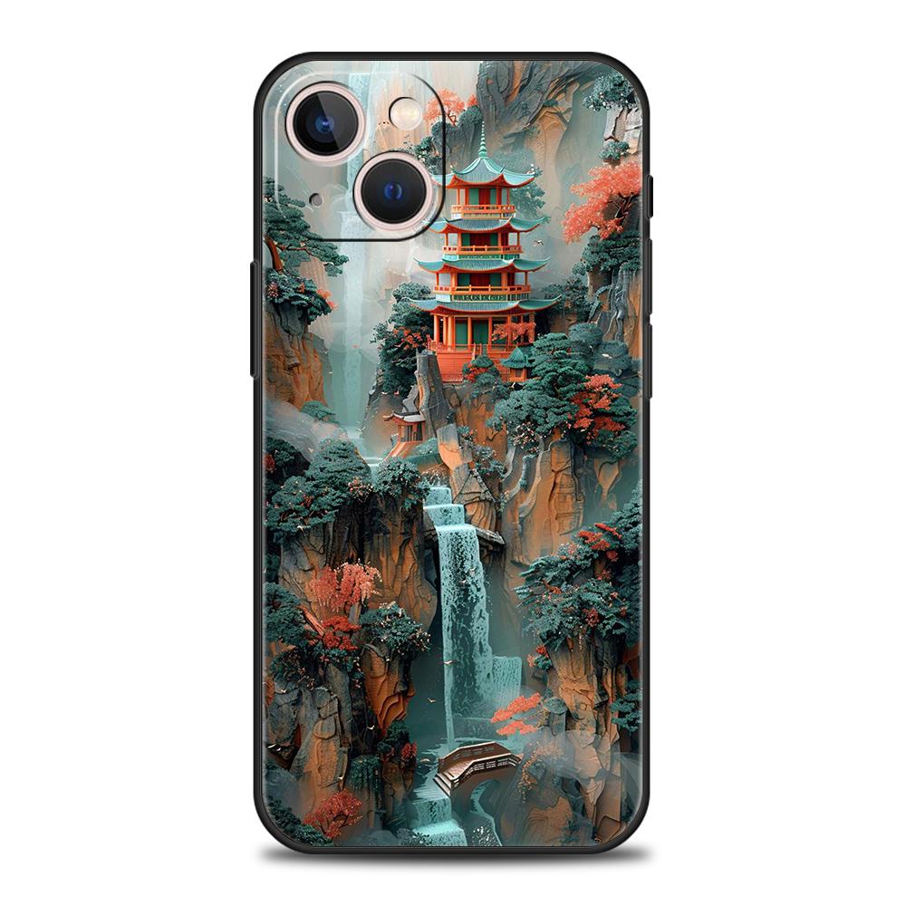 Soft TPU Phone Case for iPhone 16/15/14/13/12/Pro/Max/16E/11/Pro/7/8/Plus/XS/Max Shockproof Chinese Style Landscape Painting Bag