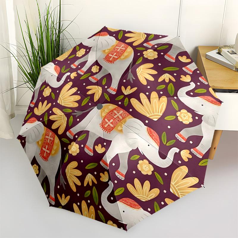 1pc Elephant Floral Automatic Umbrella - 8-Rib Portable Folding Black Iron Frame for Outdoor, Beach, Travel, Beach Umbrella,017