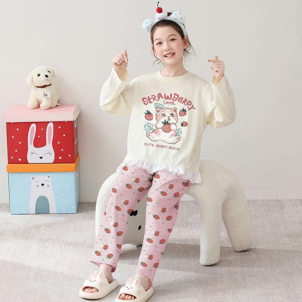 Korean Girls' Lace Long-Sleeve Cotton Pajama Set - Medium & Large Sizes for Spring/Autumn