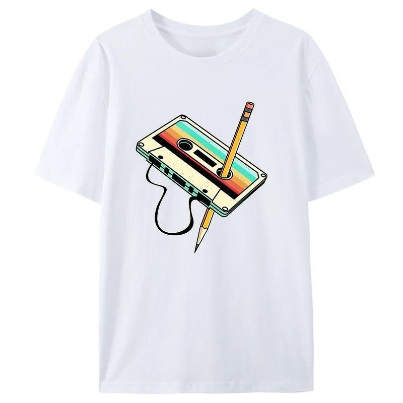 Men Short Sleeve Cassette Tape Pencil 1980s Retro Vintage Throwback Music T-Shirt Women Clothing Vintage T Shirt Camisetas