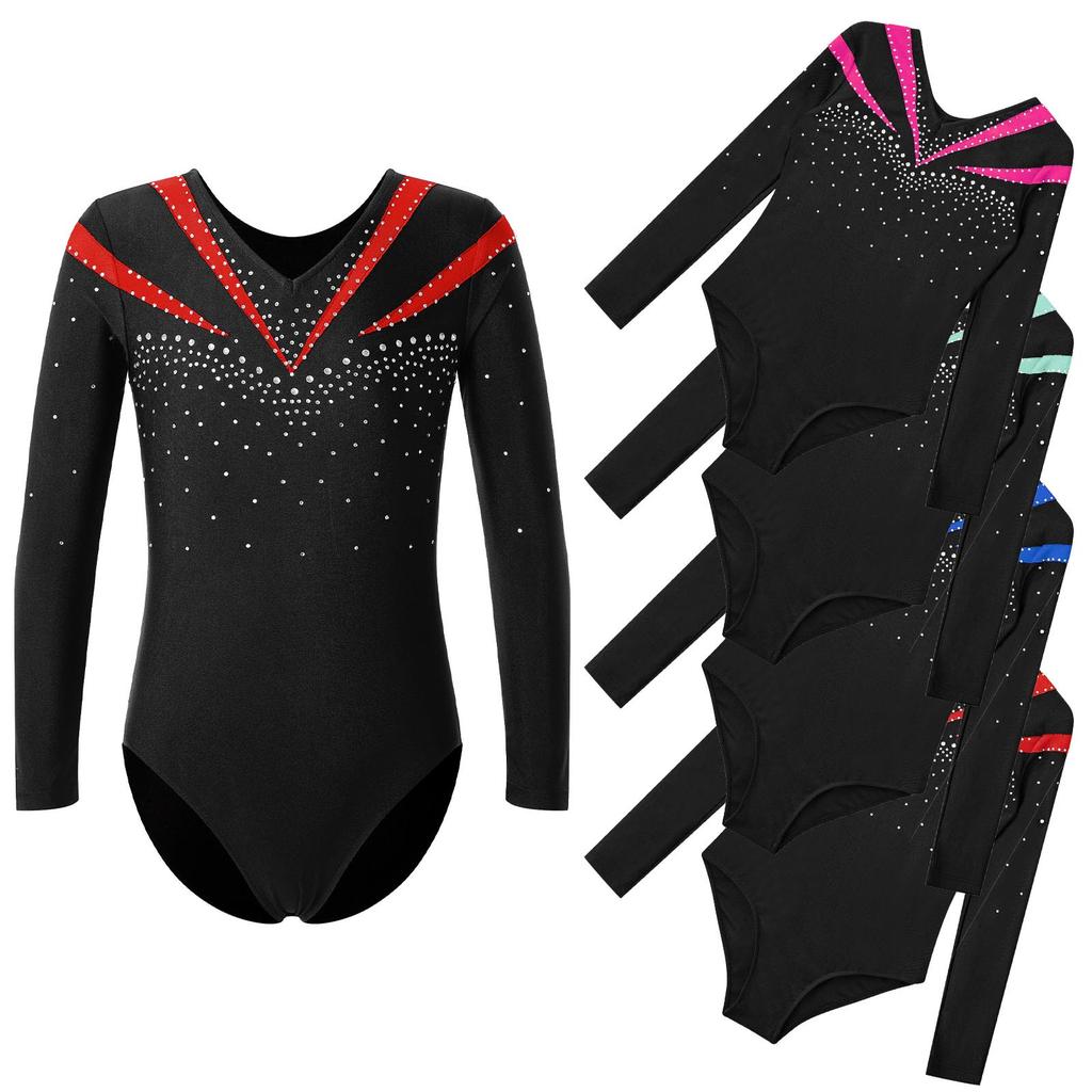 Girls Long Sleeve V Neckline Dance Leotards Shiny Rhinestone Decorated Contrast Color Slim Fit Unitard
