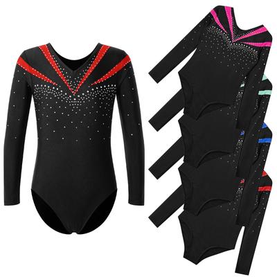 Girls Long Sleeve V Neckline Dance Leotards Shiny Rhinestone Decorated Contrast Color Slim Fit Unitard