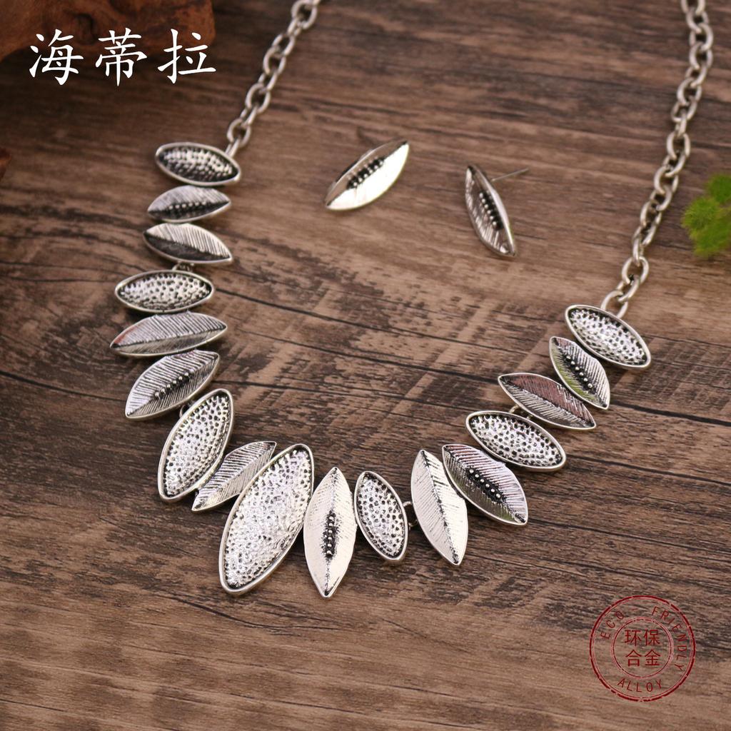 New antique silver leaf stud earrings necklace set, retro punk petal personalized stud earrings necklace set