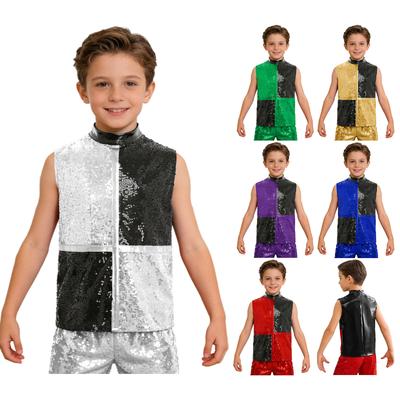 Boys Jazz Dance Top Mock Neck Sleeveless Back Invisible Zipper Shiny Sequins Color Block Stage Costume