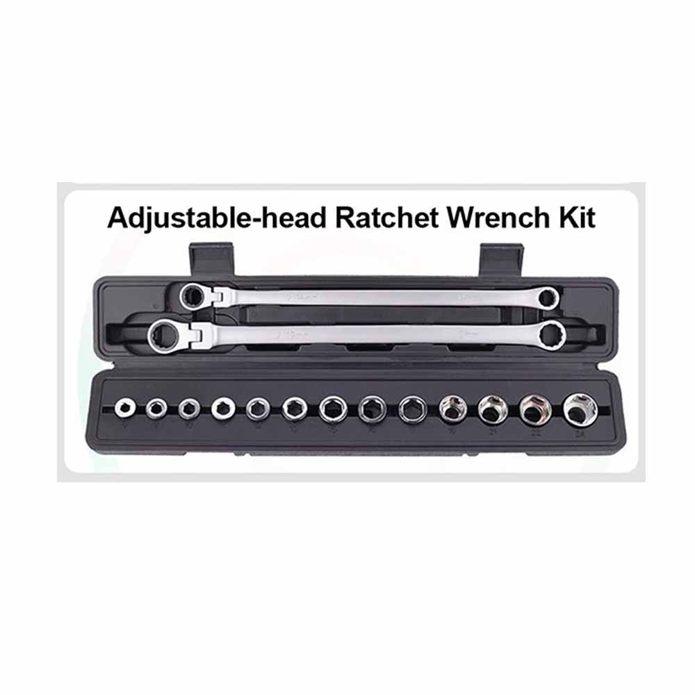 15pcs Adjustable Ratchet Wrench Kit 8-24mm Metric 180 Degrees Adjustable Chrome Vanadium Steel Ratchet Wrenches Spanner