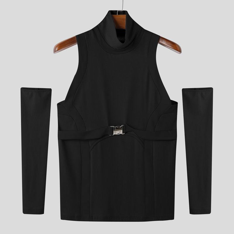 INCERUN Men Turtleneck Stitching Oversleeve Rib Casual Fitted Tank Tops