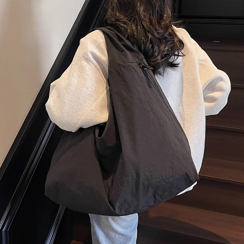 Chic Solid Color Nyl Tote Bag with Multiple Zipper Pockets, Casual Handbag Shoulder Bags for Women College, Work, Everyday Us