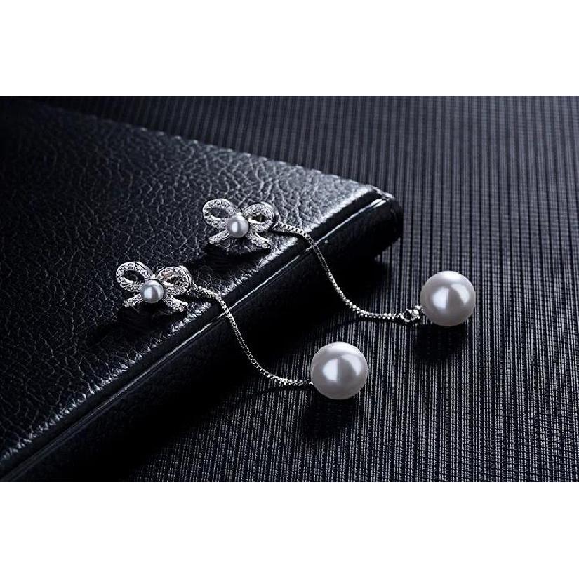Delicate Genuine 925 Sterling SIlver Needle Sparkling Bow Pearl Earrings Clear Zircon Long Tassel Women Party Luxury Jewelry