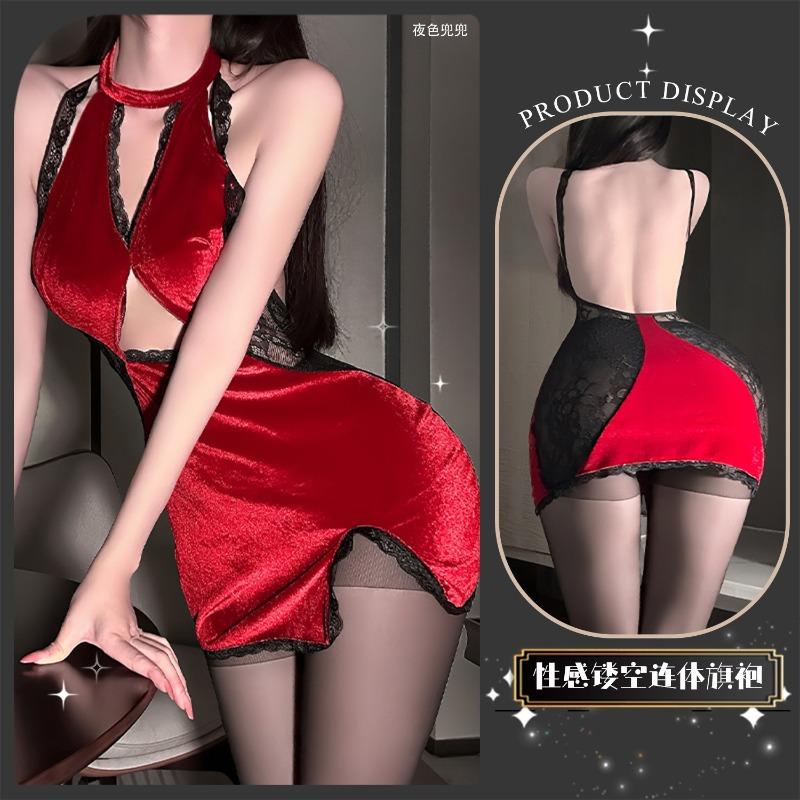 Sexy underwear sexy hot lace splicing velvet temperament gathering and thin purple classical neck cheongsam