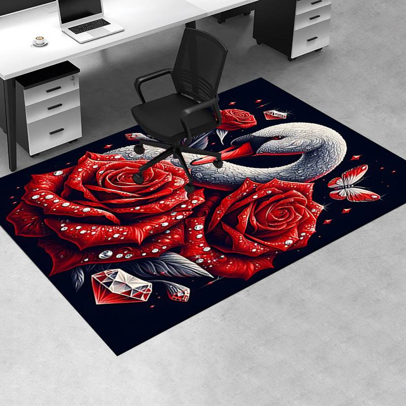 Elegant Swan with Red Roses Chair Mat Office Carpet, Oversized Rug for Home Decor, Gift, Suitable for Bedroom, Living Room, Various Rooms