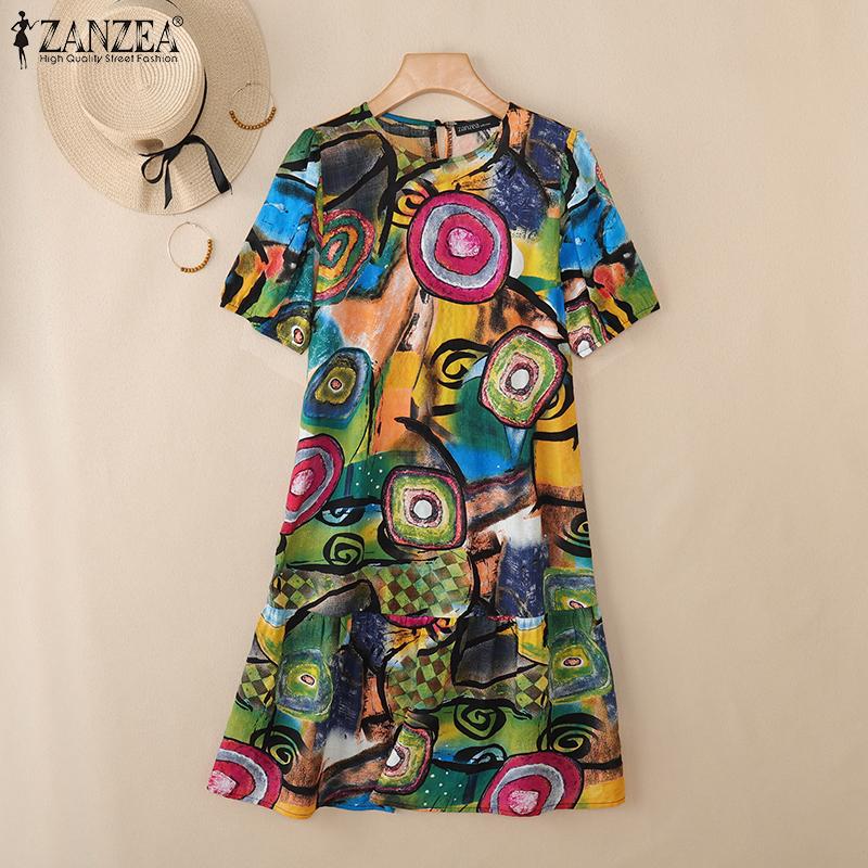 ZANZEA Women Casual Round Neck Summer Short Sleeve Print Dress