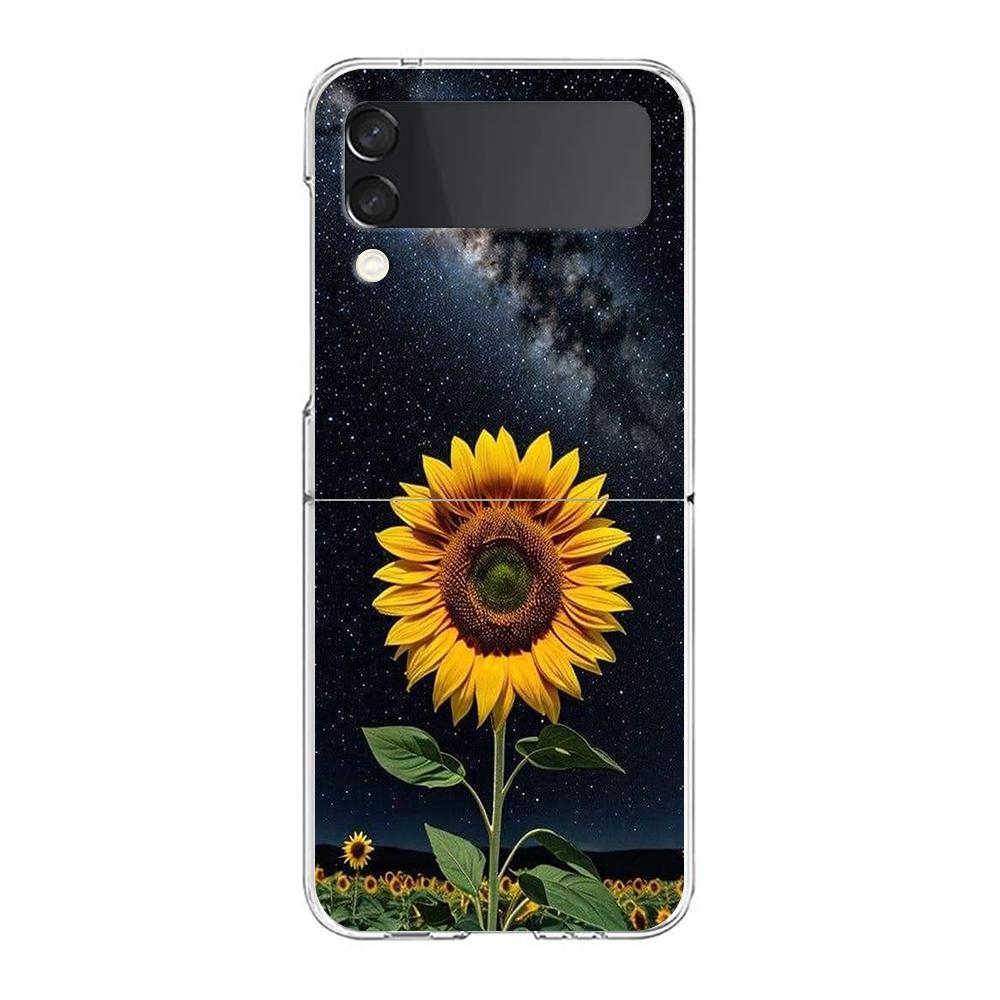 Phone Case For Samsung Galaxy Z Flip 3 4 5 Hard Folding Clear PC For Samsung Z Flip 6 Back Cover Beautiful Yellow Sunflower