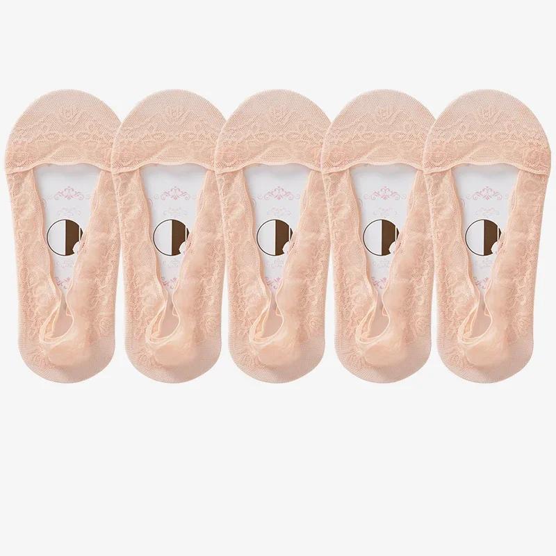 

1/5 пар Женские летние носки-лодочки из прозрачного силикона и кружева для девочек, Хлопковые невидимые нескользящие носки, Не сползающие носки 5pairs