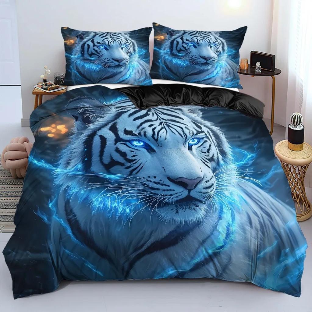 3Pcs Fashion Bedding Set Blue Tiger 3D Print Comfortable Breathable Duvet Cover King Queen Twin Single Size Boys Birthday Gift