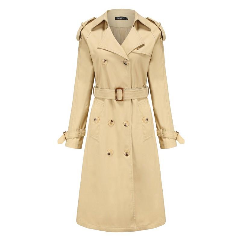 Womens Long Cotton Trench Coat With Waist Cinching Fit Classic Notched Collar Office Chic Outerwear