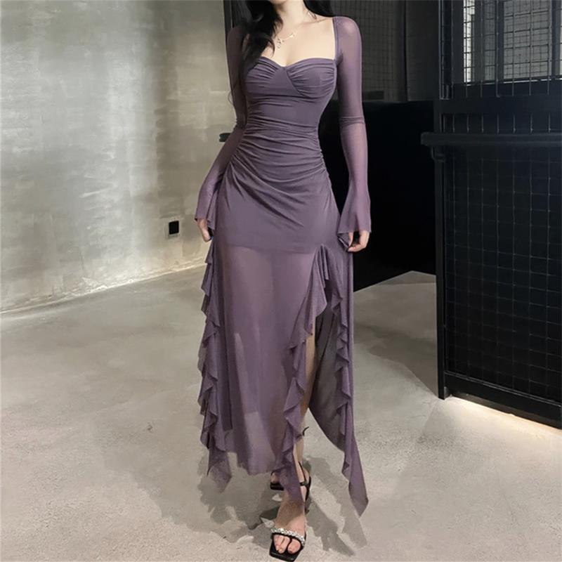 Women's Early Spring High-Waist Mesh Ruffle Bodycon Dress with Square Neck and Slit