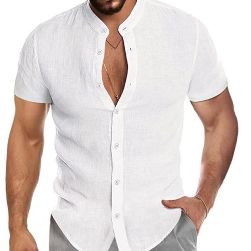 Herre Løs Pluss Størrelse Topp Sommer Ensfarget Skjorte Bomull Lin Krage Kortermet Fritidsskjorter Herreklær