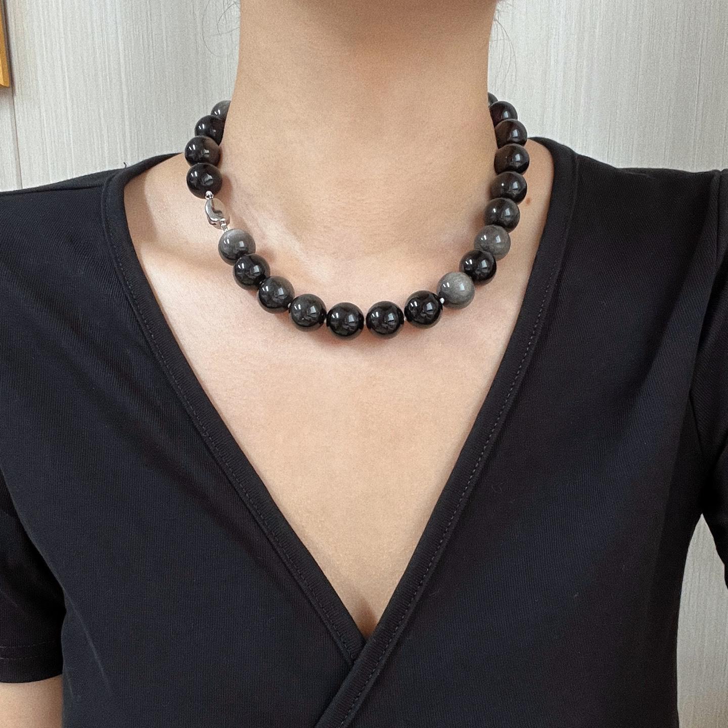 14Mm Large Granular High Quality Natural Silver Obsidian Necklace Clavicle Chain