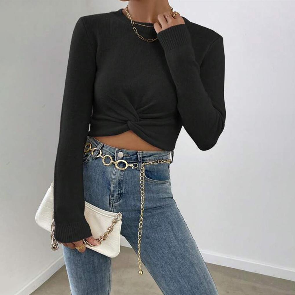 Autumn And Winter Slim Women's Fashion Solid Colour Versatile Round Neck Design Cross Knit Top Sweater