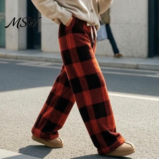 Loose Fit Casual Pants Women Plaid Wide Leg Pants, Drawstring High Waist Thick Coral Fleece Breathable Thermal Lounge Trousers Warm Loungewear,