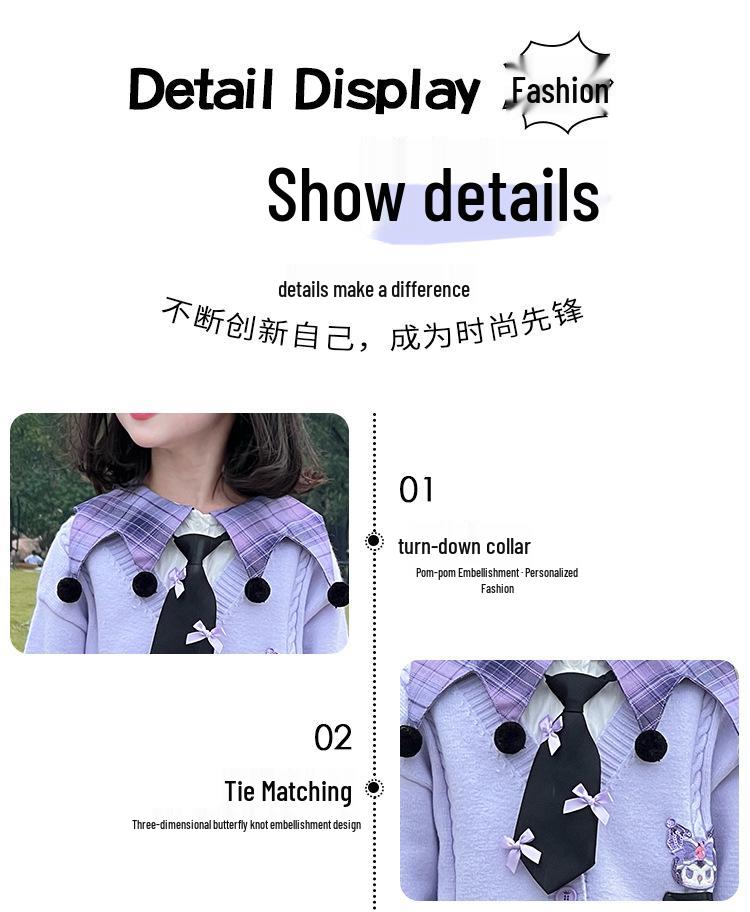 Kuromi School Style Girls' Cosplay Outfit: Sweater, Shirt, Plaid Skirt - Three-Piece Set for Spring/Autumn Performance.