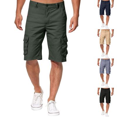 Men's Solid Color Work Pants, Cotton Six Quarter Pants, Retro Washed Multi Pocket Straight Leg Work Pants