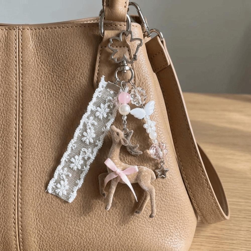 Coquette Style Fawn Keychain Ribbon Bow Design Phone Charms Cute Bag Pendant Bag Decoration
