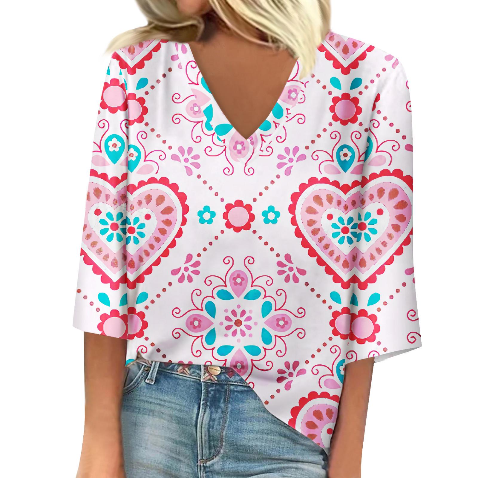 

Женская свободная повседневная футболка с рукавом семь четвертей и V-образным вырезом с принтом ко Дню святого Валентина XXL винный