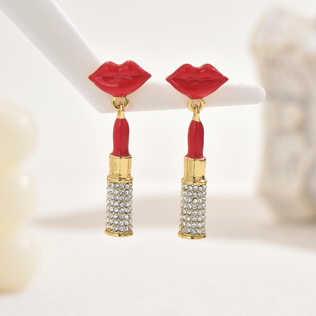 High End Niche Stud Earrings Women Geometric Lip Drip Oil Inlaid Diamond European Street Jewelry