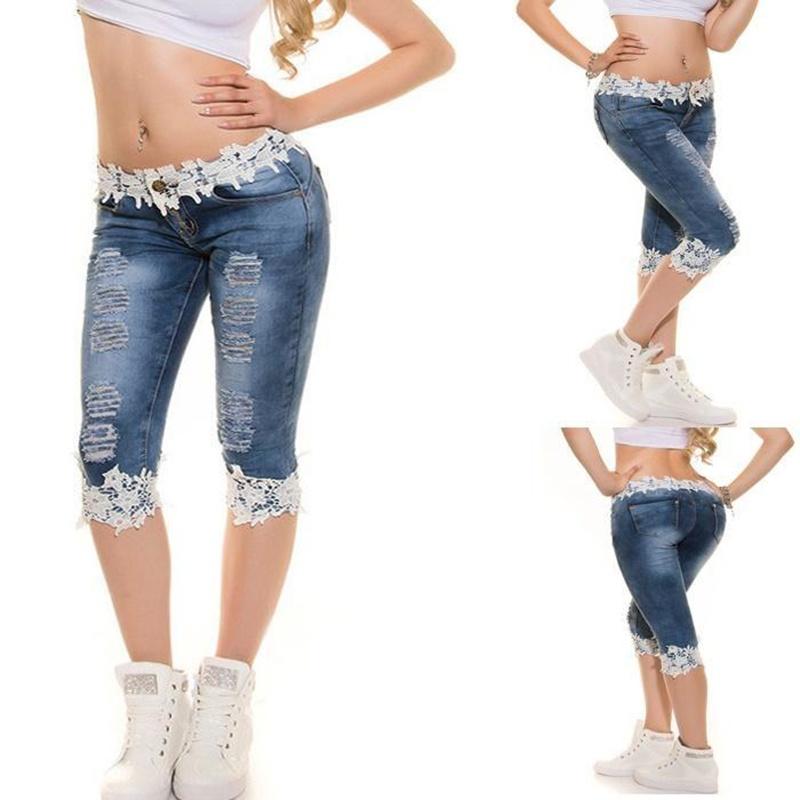 Stylish Women Jeans Lace Elastic Casual Big Size Cowboy Denim Shorts For Daily Wear