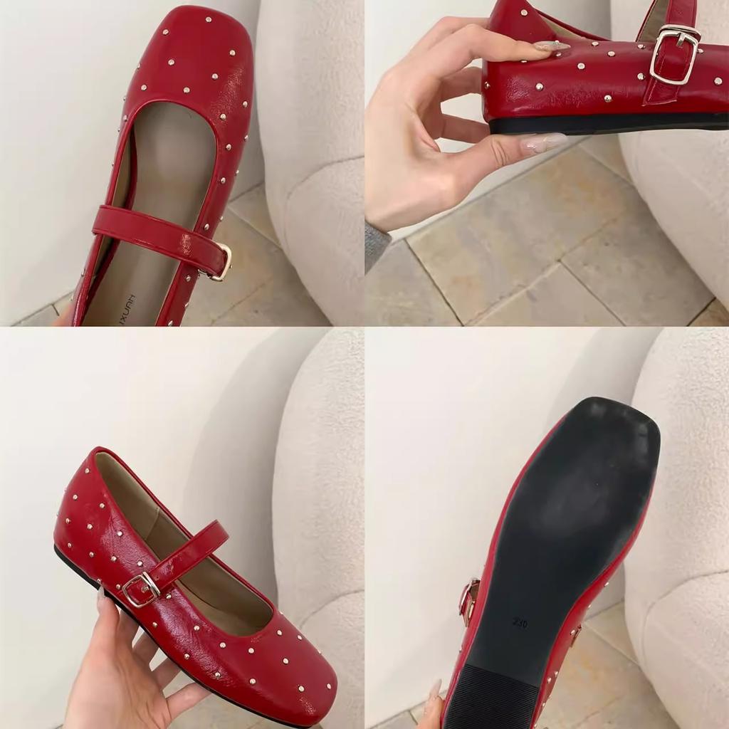 Inner heightening retro gypsy star rivet ballet single shoes women's 2025 spring and autumn one-word buckle with shallow mouth Mary Jane shoes
