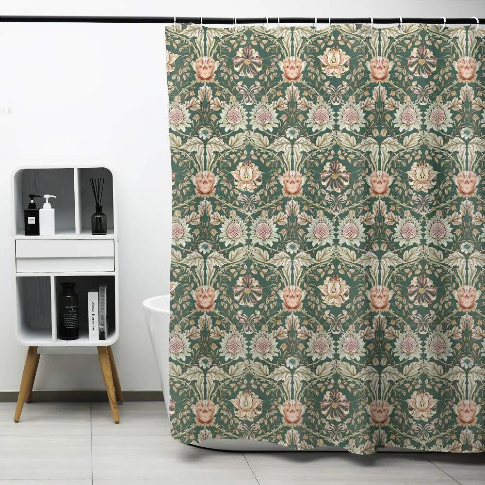 William Morris Shower Curtain,Green Shower Curtain Set For Bathroom Heavy Weight Fabric Decorative Bath Curtain Washable Curtain
