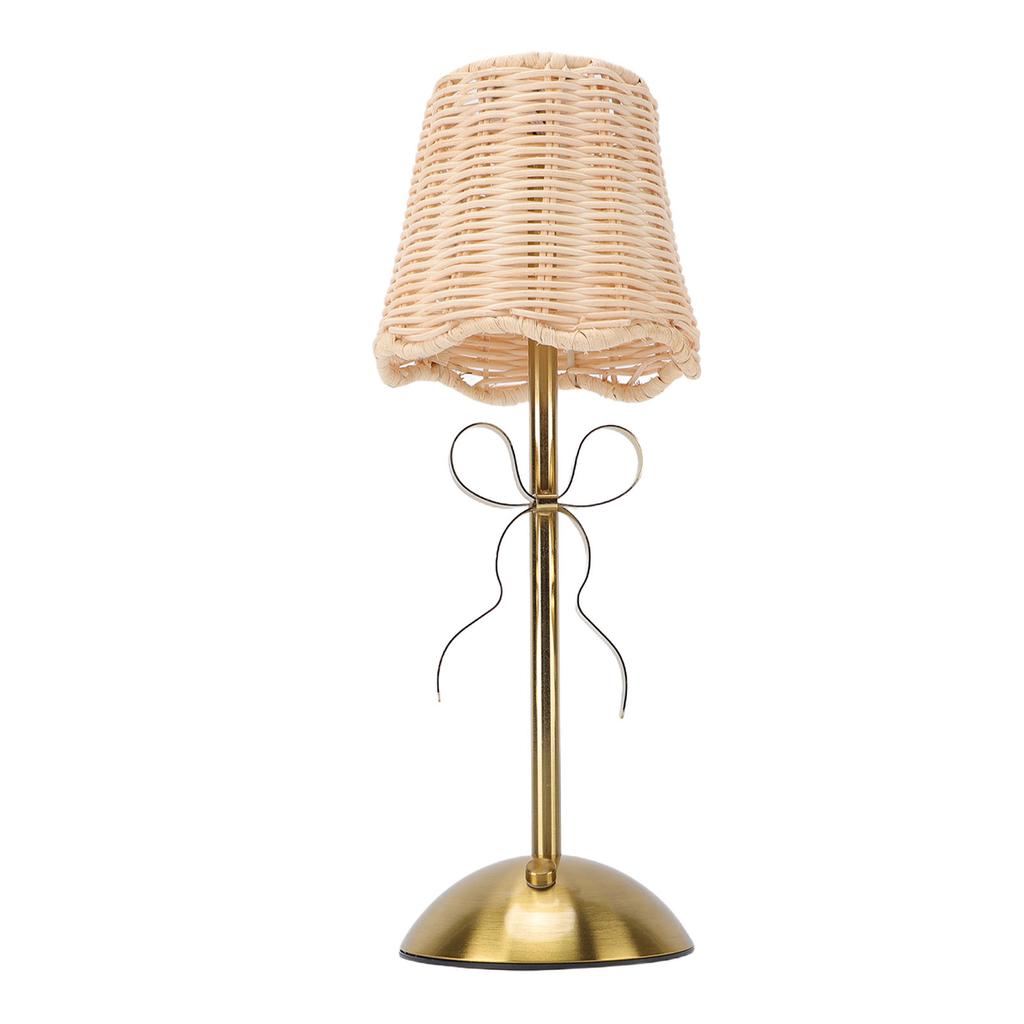 Kabellose Rattan-Bogenlampe, USB-wiederaufladbar, Vintage-Gewebe-Tischlampe mit Metallfuß für Schlafzimmer