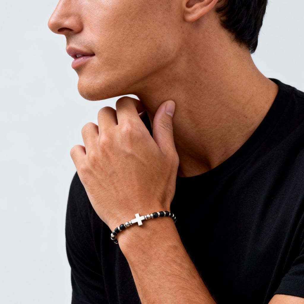 Vintage Klassisches Edelstahl-Kreuz Verstellbares Armband für Herren, Schwarzer Onyx Naturstein Perlenkette Armband, Trendiger Schmuck
