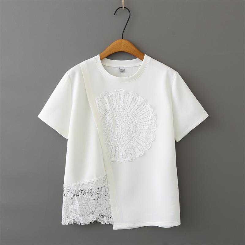 

2026 Women s Plus Size Short Sleeve Patchwork T-shirt with Crochet Lace 3XL грязно-белый