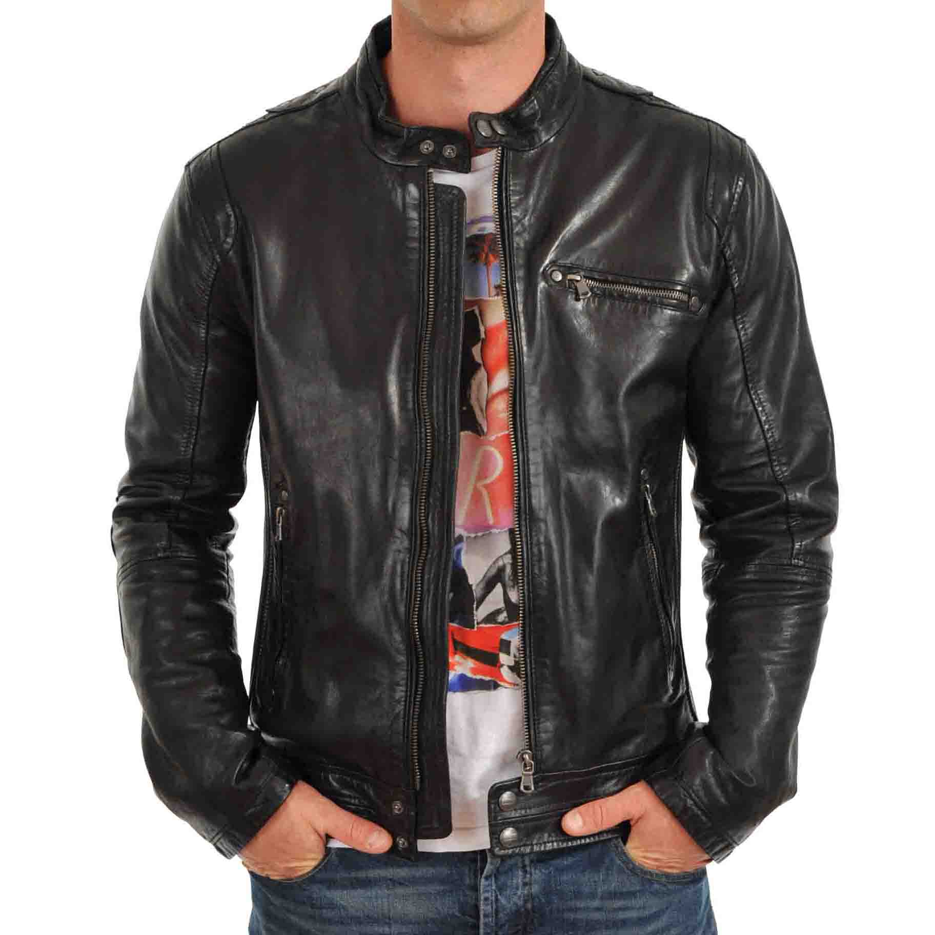 

SkinOutfit Men s Genuine Lambskin Black Leather Jacket Stylish Motorcycle Bomber Biker Outerwear MJ 54 S чорний