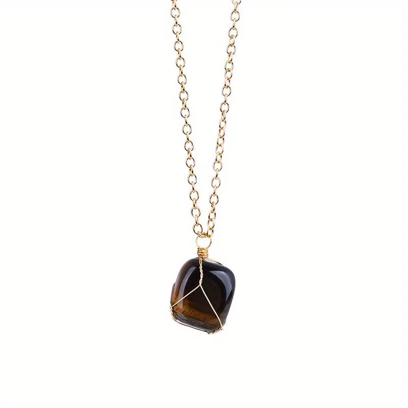 Natural Raw Stone Crystal Quartz Pendant Necklace for Women Irregular Crystal Wrapped Gold Wire Chakra Gemstone Wrap Jewelry 1pc