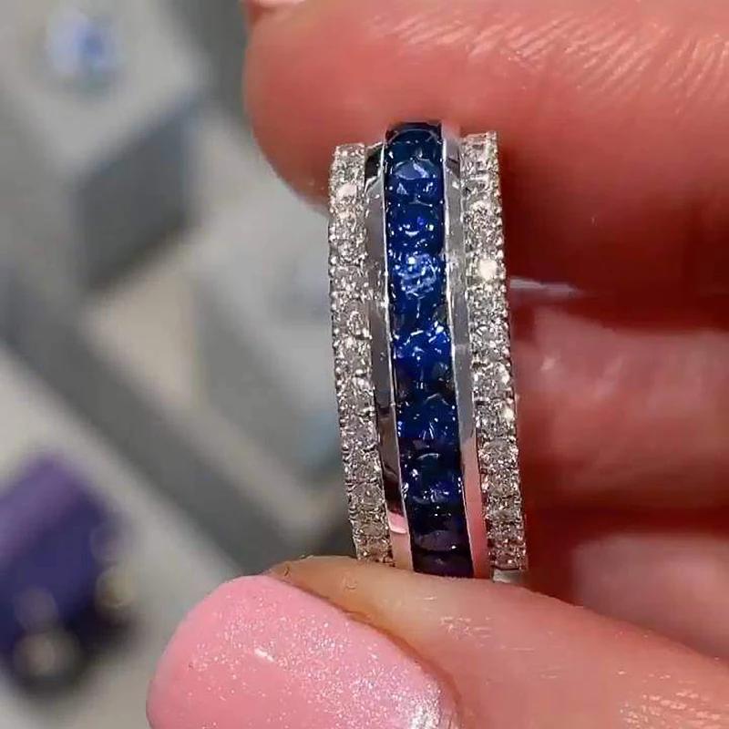 Three-layer Design Rings with Blue White Cubic Zirconia Women Graceful Shiny Accessories for Engagement Bright Jewelry