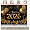 2D flat  2026 New Year Welcome banner  Golden balloons and fireworks party decoration polyester background
