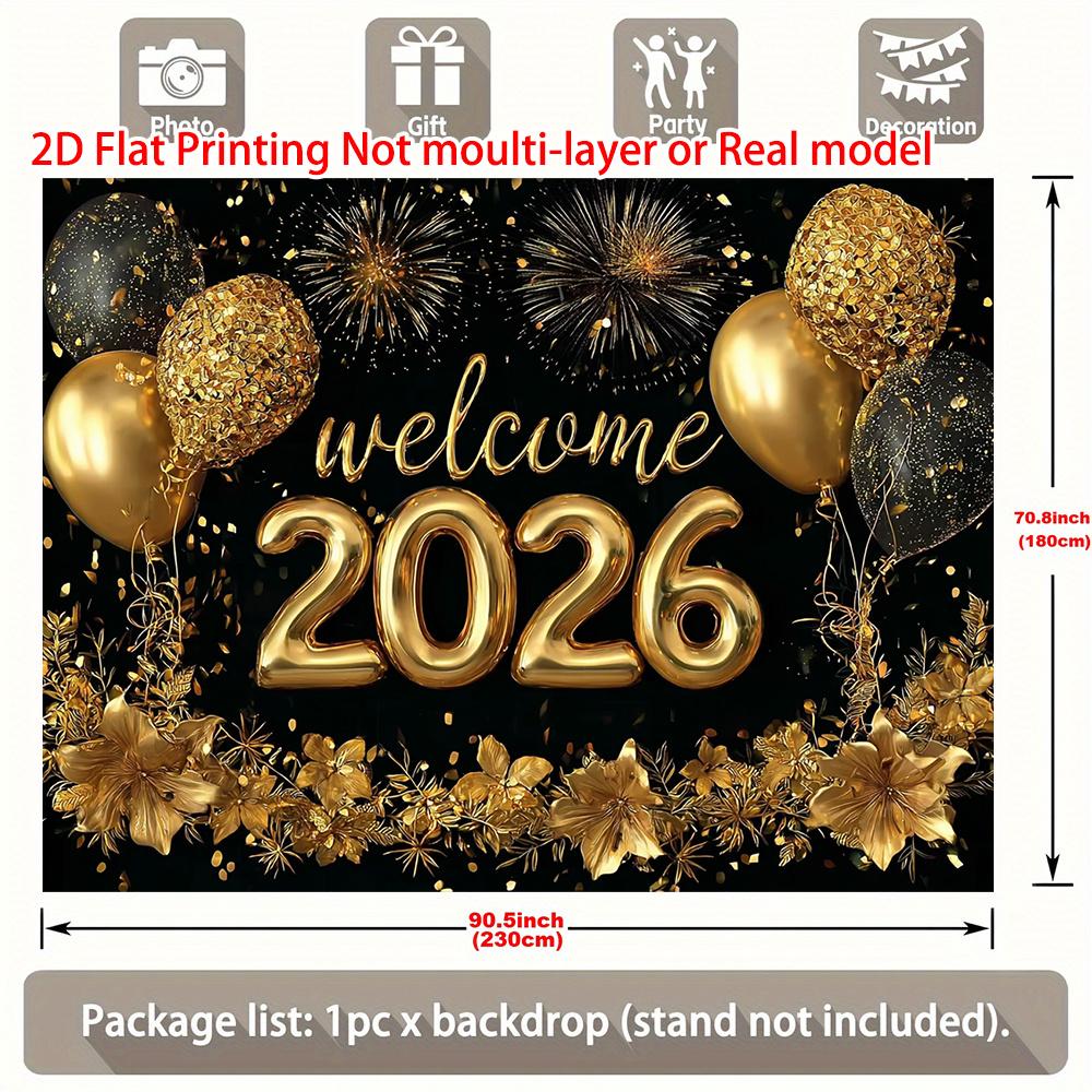 2D flat  2026 New Year Welcome banner  Golden balloons and fireworks party decoration polyester background