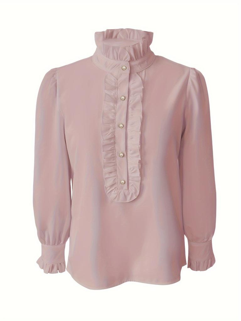 Dames Ruffle Hoge Hals Lange Mouwen Blouse Elegante Effen Kleur Shirt Parelmoer Knopen Werk Kleding Tops