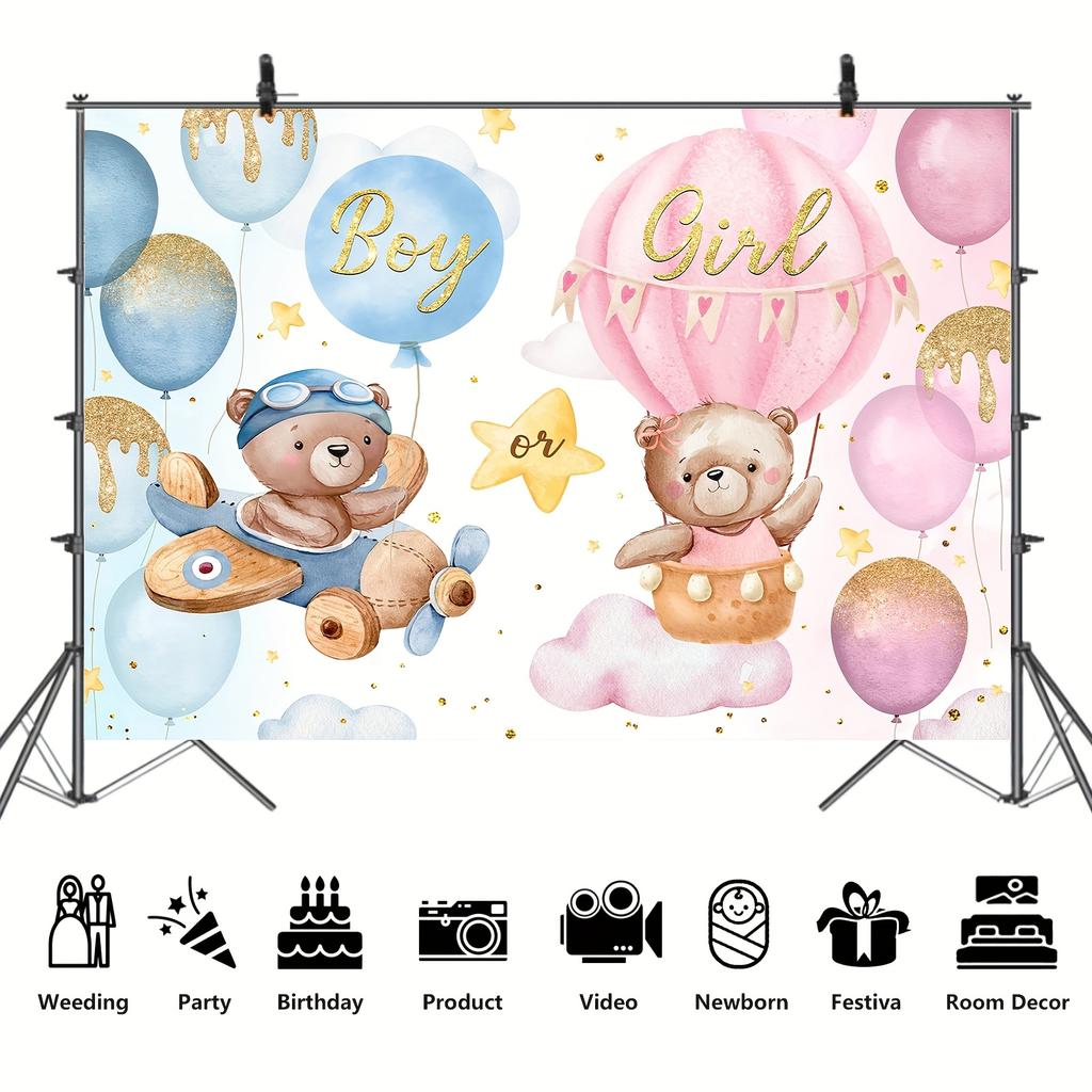 1pc Bear Gender Revelation Background - Blue and Pink Balloons "Boy or Girl" Banner with a Teddy Bear Decoration