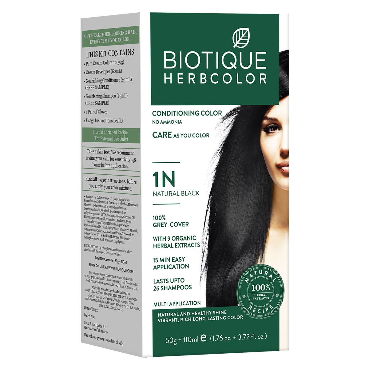 

Biotique Herbcolor Ammonia Free Hair Color 50g + 110ml, Natural Black 1N, 9 Organic Herbal Extracts, Grey Coverage, 26 Washes