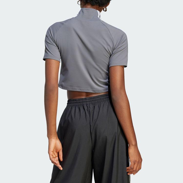 Adidas Originals Striped Logo Embroidery Slim Fit Mock Neck Short Sleeve T-Shirt Women Tops Dark-Grey IV9322