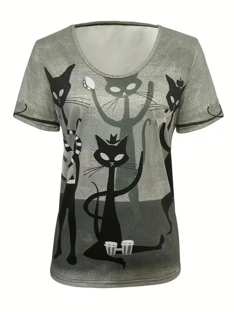 Ladies Cat Graphic Print V Neck Tee Short Sleeve Casual Summer T-Shirt