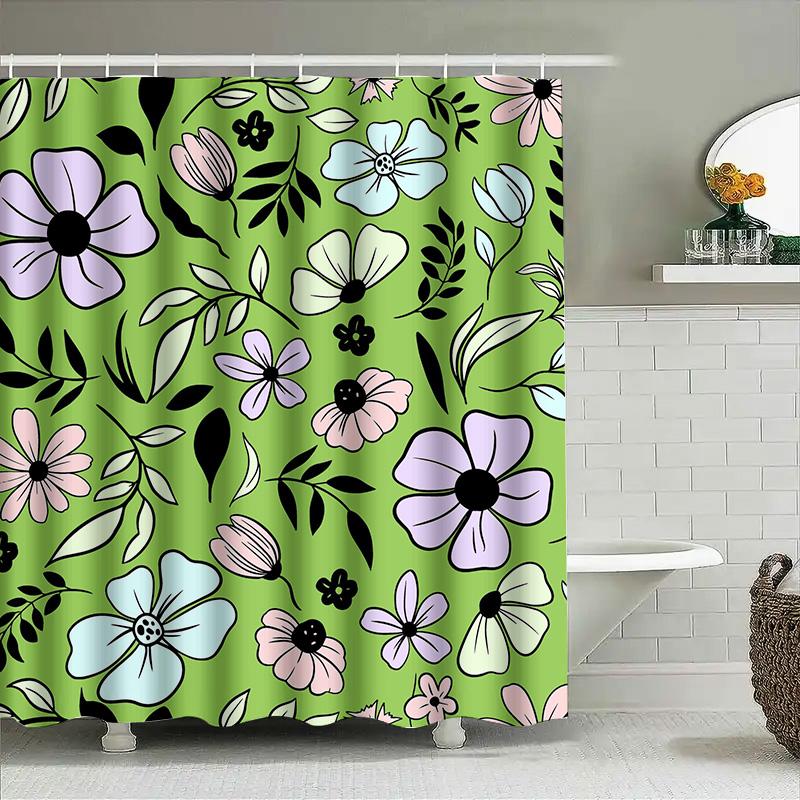 Bright Floral Shower Curtain Green Boho Decor Modern Bathroom Accents