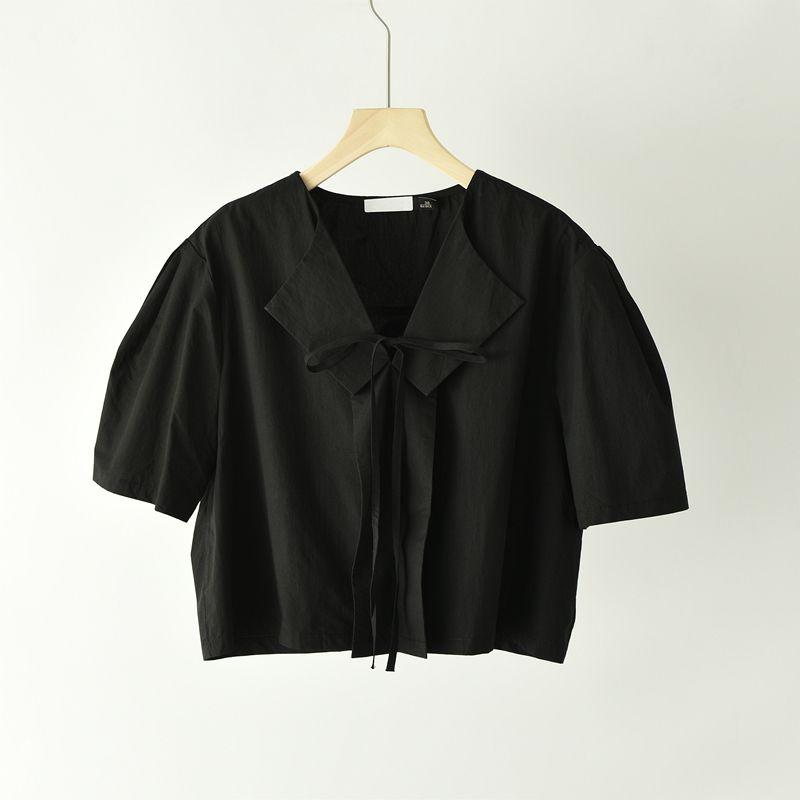 

Стильная рубашка с V-образным вырезом и коротким рукавом женская летняя новинка Nx936 однотонная свободного кроя универсальный сладкий шикарный топ-рубашка Black All yards