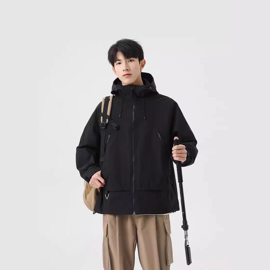 Outdoor Waterproof Hooded Spring Japanese Velcro Badge Couple Work Jacket Men Zipper