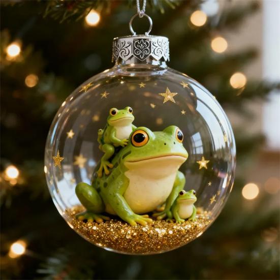 Frog Christmas Ornament Clear Plastic Xmas Hanging Ball with 3D Frog Ornament Holiday Keepsake